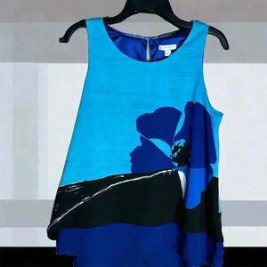 New York And Company Size Medium Abstract Floral Black/Blue Layered Tank.